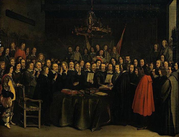 Ratification of the Peace of Munster between Spain and the Dutch Republic in the town hall of Munster, 15 May 1648., Gerard ter Borch the Younger